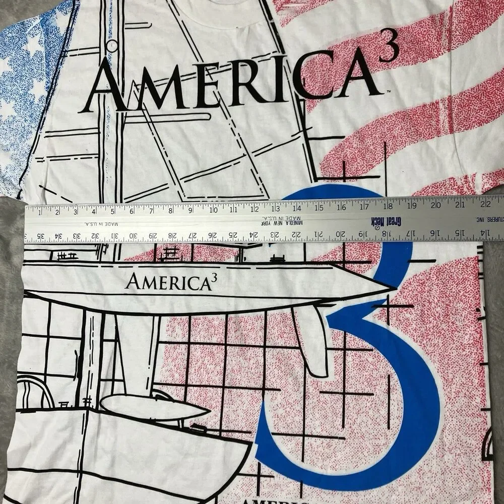 Vintage America’s Cup 1992 T Shirt Mens L White‎ Hanes USA Flag AOP Sailing Tee - Picture 6 of 11